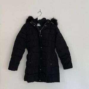 Calvin Klein Womens Black Down Fill Puffer Parka Coat Faux Fur Hood Large